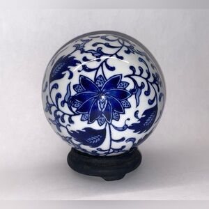 Decorative Vintage Blue and White Floral Ceramic Sphere with Stand
